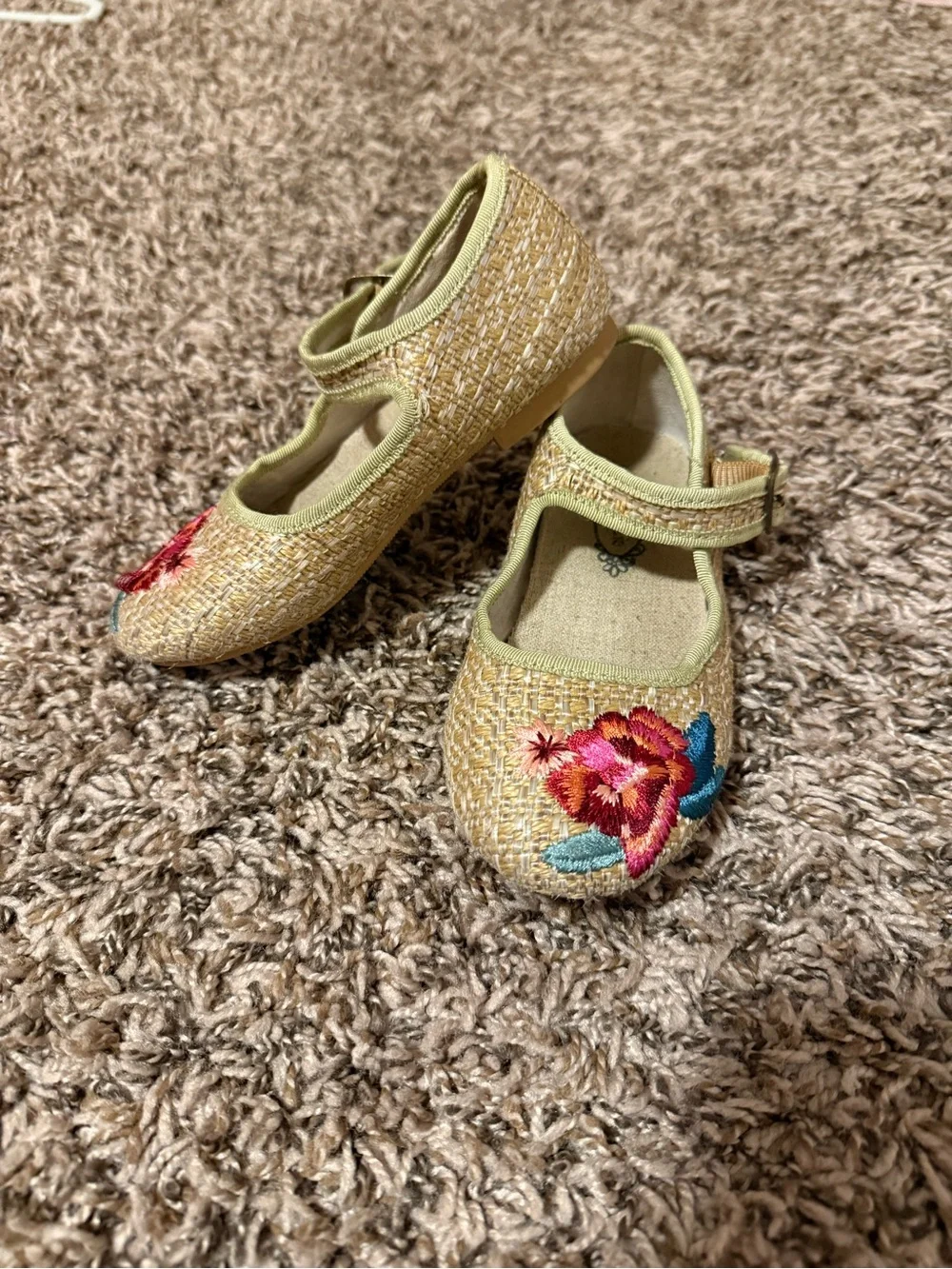 Joyfolie Girls Embroidered Floral Mary Janes in Beige, Brown, and Tan